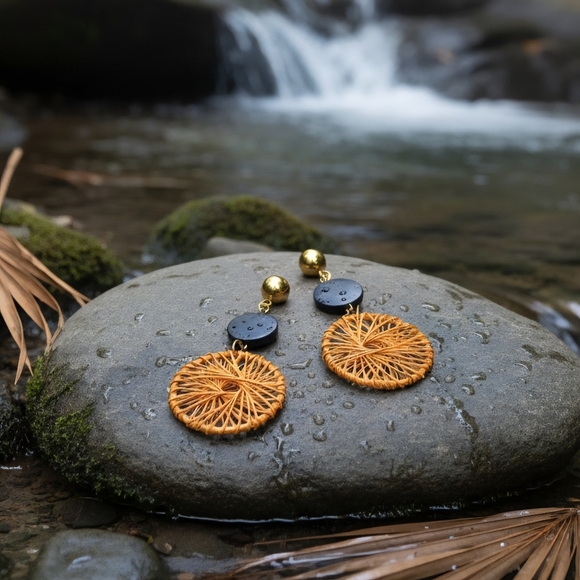 Boho Chic Handwoven Spiral Navy Wood Gold Dangle Earrings Handmade Jewelry - Picture 9 of 15